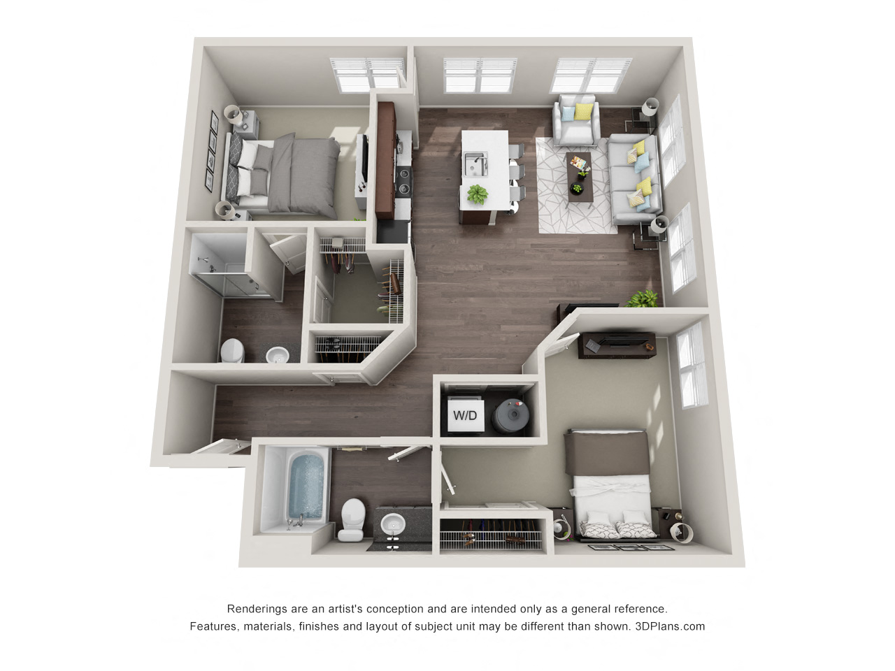 Floor plan for 2 beds, 2 baths, 1131 sqft